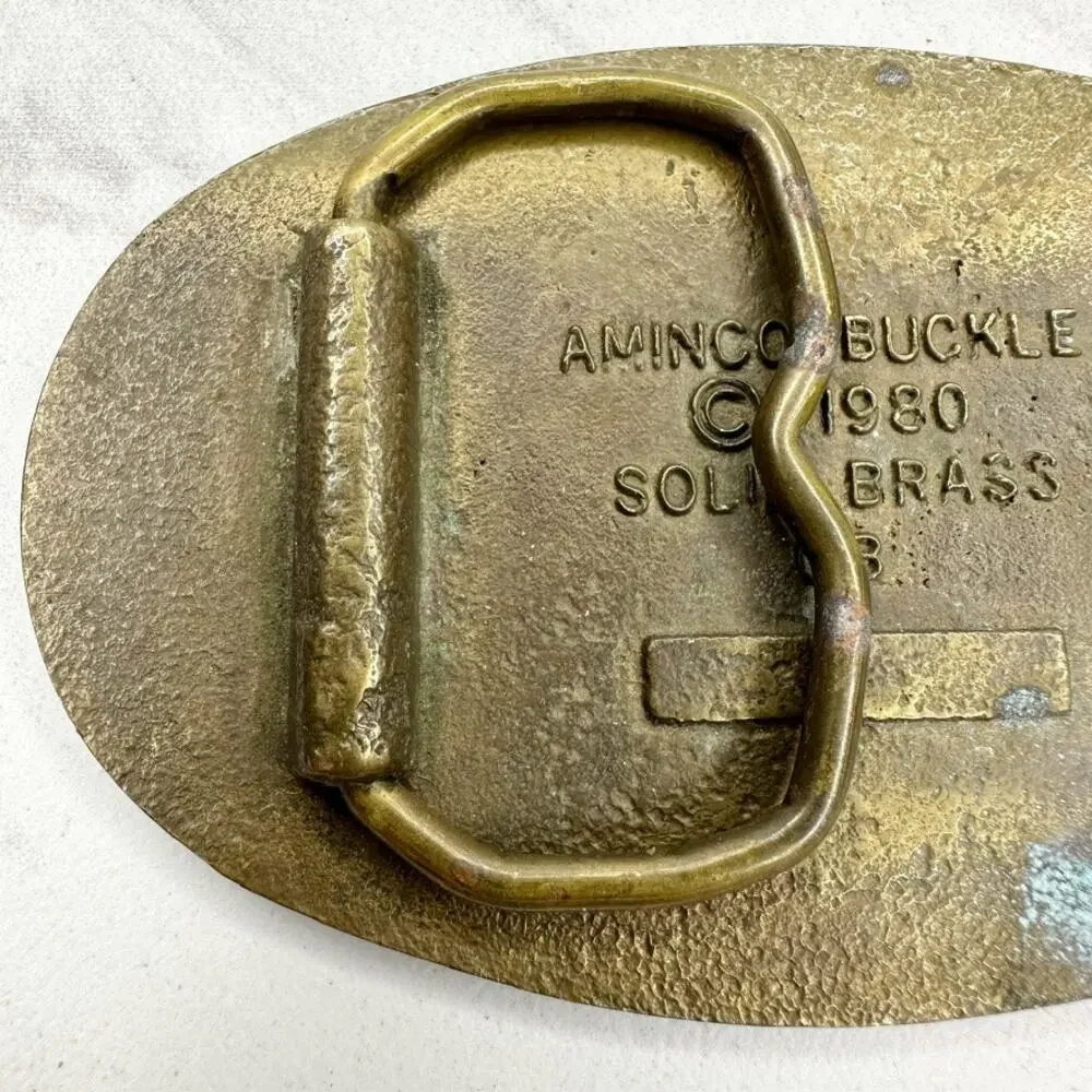 Vintage Aminco 1980 Solid Brass Deer Belt Buckle Red Black Enamel Oval Laurel ✨